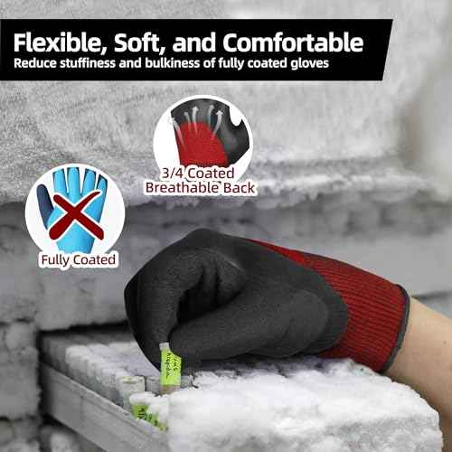 Schwer 3 Pairs Winter Work Gloves with 3/4 Double-Dipped Latex Coating, Thermal Insulated Gloves with Grip & Abrasion Resistance, Flexible & Comfortable, Used for Cold Weather, Freezer, L, CR3313