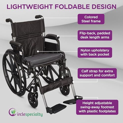 Ziggo 18” Seat Width Pediatric Wheelchair for Kids & Children, Lightweight, Manual Folding Wheelchair w/Safety Belt, Swing-Away Foot Support w/Straps, Desk Length Arm Rests, Free Cushion Accessory