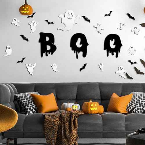 25 Pcs Halloween Wall Decor 3D Cute Ghost Stickers Bat Decals Decorations Boo Letters Window Stickers Reusable Halloween Door Decorations for Party Home Room Closet Self-Adhesive Supplies