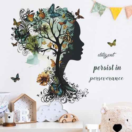 Removable Inspirational Wall Decals Peel and Stick Wall Stickers Art Positive Sayings Sticker DIY Giant Tree Butterfly Wall Decor for Women Girls Bedroom Living Room Sofa Background Decoration