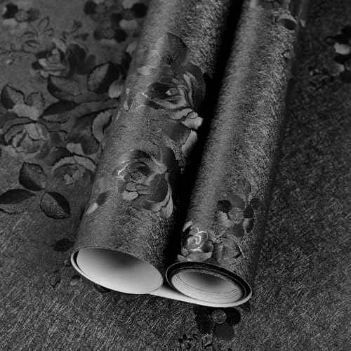 Black Wallpaper Peel and Stick Contact Paper 17.3in x 118.1in Floral Embossed Removable Wallpaper Self-Adhesive Thicken Vinyl Waterproof Flower Textured Bedroom Living Room Wall Paper