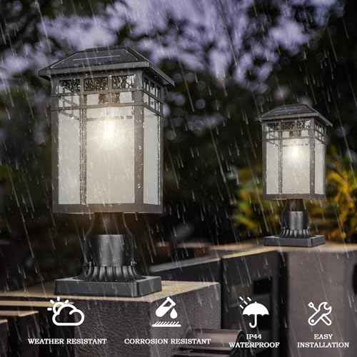 Solar Outdoor Post Light Fixture, Modern Exterior Pillar Lantern with Black Finish & Seeded Glass, Dusk to Dawn Outside Pole Light for Garden, Backyard, Courtyard, Patio, Pathway