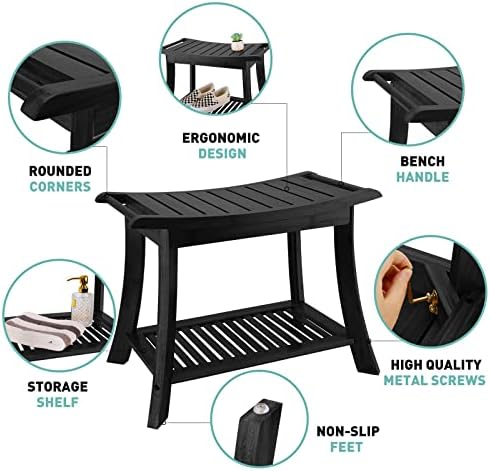VVW Bamboo Shower Bench & Stool with Storage Shelf, Bath Benches for Inside Shower, Bathroom Stools 2-Tier Spa Seat for Adults Elderly (Black)