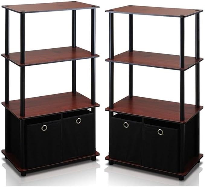 Furinno GO GREEN Storage Shelf Set of 2, 4-Tier Storage Rack with Bins, Book Shelf, Display Rack, with Storage Bins, for Organization and Storage, Living Room, Home Office, Dark Cherry