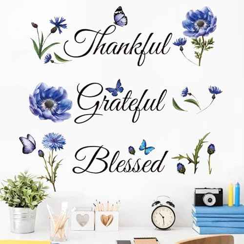 Inspirational Sticker Quote Grateful Thankful Blessed Removable Peel and Sticker Religious Wall Decor Blessed Wall Sign Inspirational for Kitchen Living Room Dining Room.