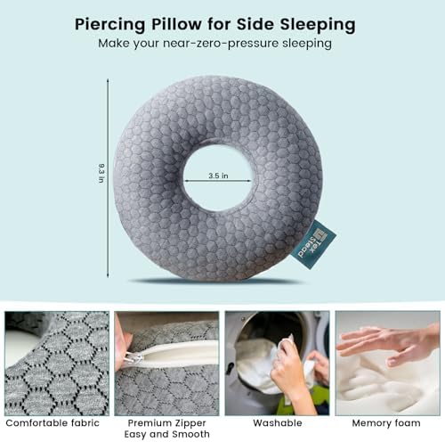 Ear Pillow with Ear Piercing for Side Sleeping, Ear Hole Memory Foam Donut Pillows for Ear Pain CNH Earring Pierced Pillow, Round, Gray