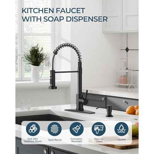 FORIOUS Black Kitchen Faucet with Soap Dispenser, Stainless Steel Single Handle Modern Spring Commercial Sink Faucet with Pull Down Sprayer for Laundry & Utility Room RV Camp Bar Farmhouse