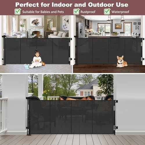 Reinforced 41 Inch Extra Tall Retractable Baby Gates 80" Wide Retractable Dog Gate with Support Rods ? Prevents Crawling Under, Indoor Long Baby Gate Retractable Gate Outdoor Extra Tall Dog Gate/Black