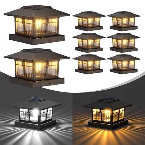 EXCMARK 4x4 Solar Post Cap Lights, 8 Pack Fence Deck Post Lights Outdoor Solar Powered Waterproof with Two Light Modes Warm&Cool White for Garden Patio Decor.(Classic Black, 8)
