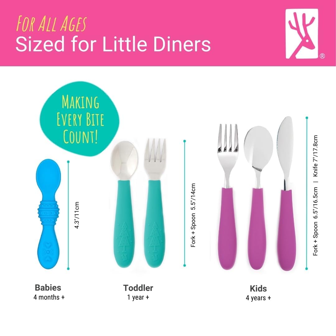 Elk and Friends Kids Silverware with Silicone Handle | Childrens Safe Flatware | Toddler Utensils | Baby Spoons + Forks | Stainless Steel Cutlery | Dishwasher Safe | 6 Pieces