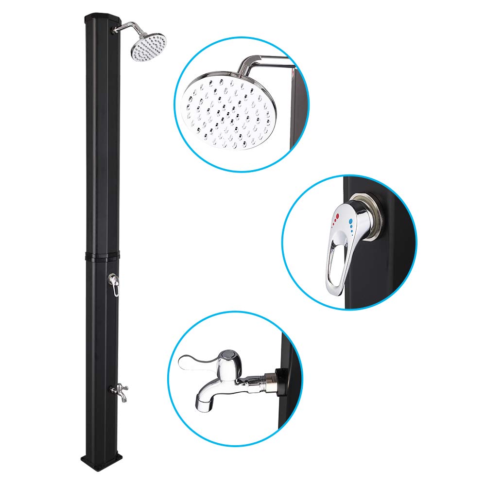 VINGLI 9.3 Gallon Solar Heated Outdoor Shower, 7.2 FT Height, Freestanding Outside Shower with 360° Swivel Shower Head & Foot Faucet, Hot & Cold Water Adjustment, Black