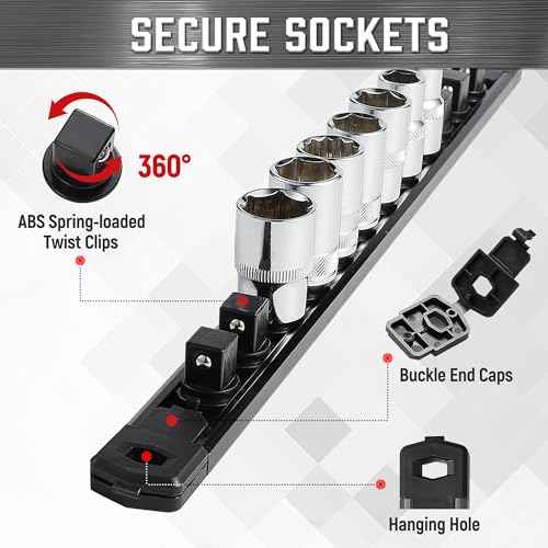ALOANES 3-Piece Magnetic Socket Organizer, Heavy Duty Aluminum Socket Rails Organizer, 360¡Æ Swivel Clips Socket Holder Kit for Tool Box, 1/2-Inch Socket Holder x 36 Clips (Black)