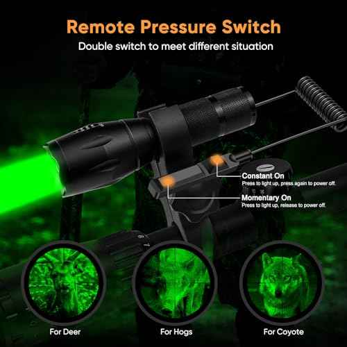 WINDFIRE Green Light LED Flashlight Super Bright Zoomable Waterproof Outdoor Tactical Hunting Flashlight Set with Pressure Switch, Picatiny Mount for Hog Coyote Varmint Hunter