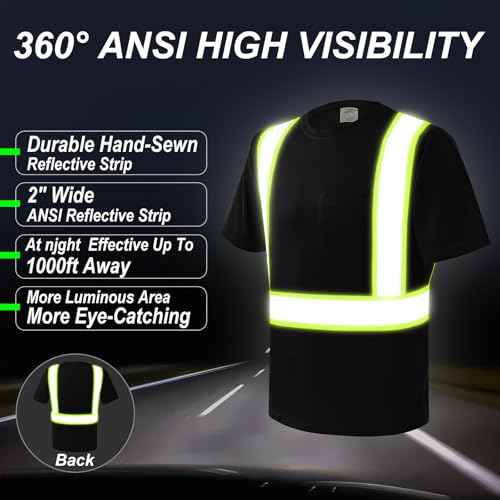 wefeyuv 3PCS-High Visibility Shirts Quick Dry Safety T Shirts with Pocket and 3 Reflective Strips Short Sleeve Mesh Hi Vis Construction Work Class 2 Shirt for Men/Women, Black L