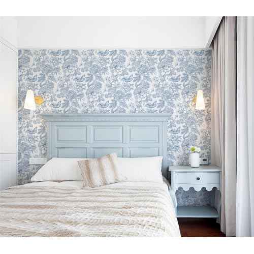 Safiyya Floral Peel and Stick Wallpaper Blue and White Contact Paper Boho Wallpaper for Bedroom Peony Wall Paper for Bathroom Removable Self Adhesive Vinyl Rolls 17.3''¡¿78.7''