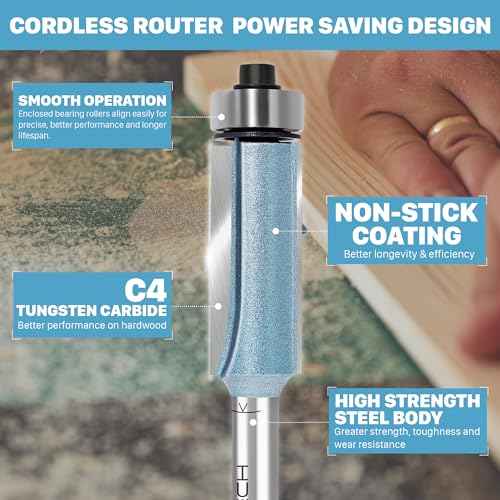 KEENTECH Router Bits 1/2" Shank, Flush Trim Router Bit, Extra Long Bearing Carbide Tipped Pattern Bit, Template Straight Heavy Duty Woodworking Trimming Cutting Tool, 1/2" Diameter, 2-1/2" Depth