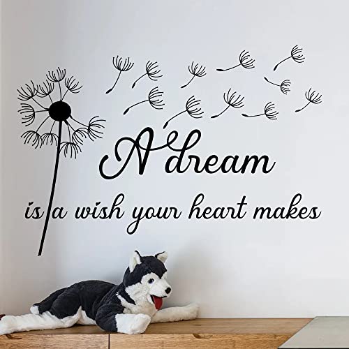 A Dream is a Wish Your Heart Makes Dandelion - Pure Black Vinyl Carved Wall Decal Without Transparent Edge Removable Art Letters Inspirational Quotes Decor for Home Study Kids Room