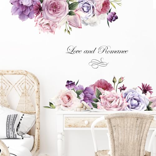 Supzone Purple Rose Peony Wall Stickers Large Flower Bouquet Blossom Wall Decals Self-Adhesive Love Theme Wall Art Decals for Valentine's Day Living Room Bedroom Door Furniture Sofa TV Backdrop Decor