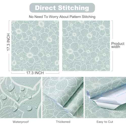 GloryTik Peel and Stick Wallpaper Boho Floral Contact Paper Grey Green Removable Self Adhesive Wall Paper Stick on Wallpaper for Bedroom Bathroom Cabinets Decor Vinyl Roll 17.3"¡¿ 78.7"