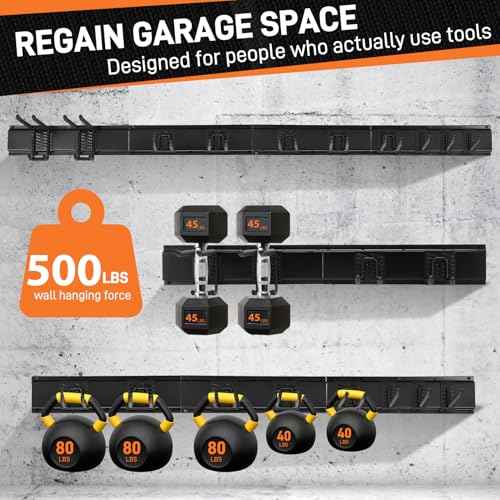 49.5" Garage Tool Organizer Wall Mount - 500lbs Heavy Duty Metal Rack with Adjustable Hooks, Anti-Rust Shed Storage for Shovels/Rakes/Brooms/Mowers, Efficient Garage & Garden Organization