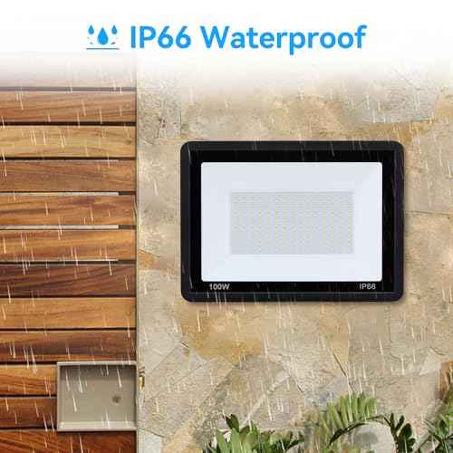 4Pack-100W LED Flood Light Outdoor,11000lm LED Work Light with 6FT US Plug,IP66 Waterproof Exterior Security Lights,6000K Daylight White Outside Floodlights Slim Design for Playground Yard Stadium