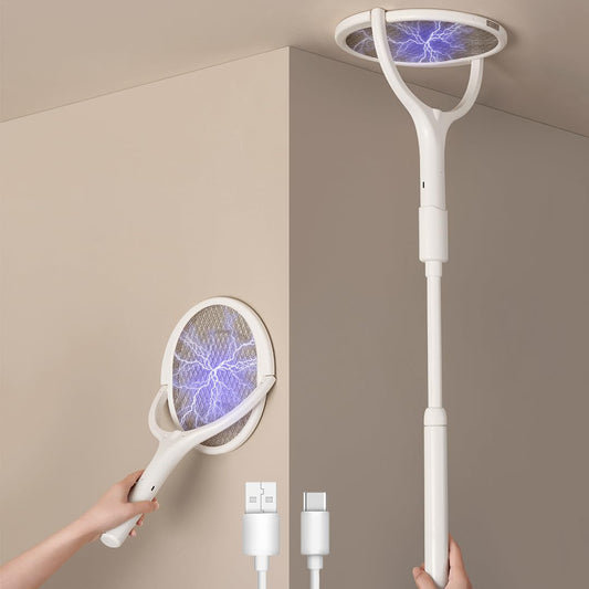 2-Pack GeckoMan Rotating Head Electric Fly Swatter Racket Rechargeable Bug Zapper Racket Bug Zapper Indoor Fly Zapper Mosquito Zapper Flies Killer for Indoors, with 2 Telescopic Extensions