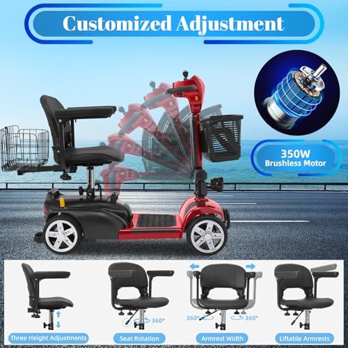 15-45 Miles Ecomobi MS02 4 Wheels Mobility Scooter for Adults/Seniors, 350W Powered Electric Wheelchair Device w/15Ah-25Ah Extended Battery, Dual Baskets/Rotating Seat, Compact Duty Mobile for Elderly