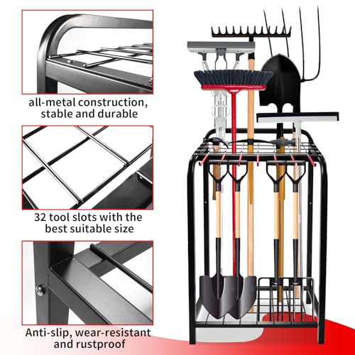 Trieez Garden Tool Organizer for Garage, Yard Tool Organizer with Hooks for Garage Organization and Storage - Sturdy Yard Tool Holder, Tool Rack for Shed, Outdoor, Tool Stand