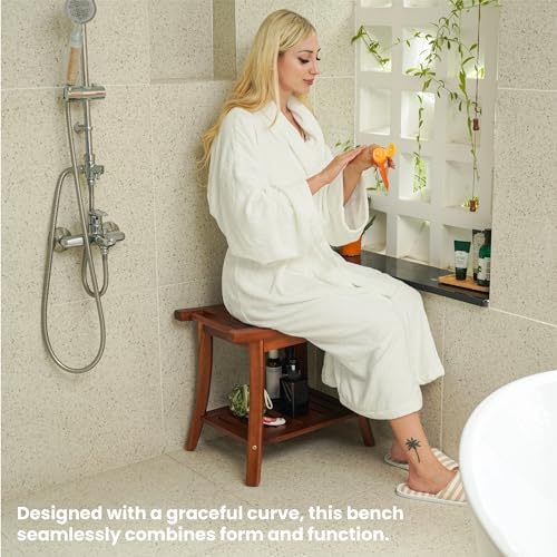 Tinamo Acacia Wooden Shower Bench Seat – Shower Stool for Inside Shower with Shelf – Bathroom Bench Chair Spa Shower Seat – Waterproof Shower Chair (22" x 13" x 18.6") (Acacia)