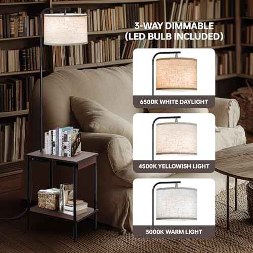 Floor Lamp with Table & Drawers, End Table Lamp with USB Charging Portt Power Outlet and Shelves, Side Table Reading Light with 3 Color Temperature Led Bulb Included for Living Room, Walnut