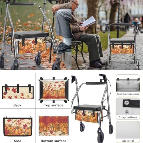 LedBack Thanksgiving Walker Accessories 3 Piece Set Rollator Walker Seat and Backrest Covers, Maple Leaf Pumpkins Storage Bags Rollator Seat Cushion Covers for Seniors