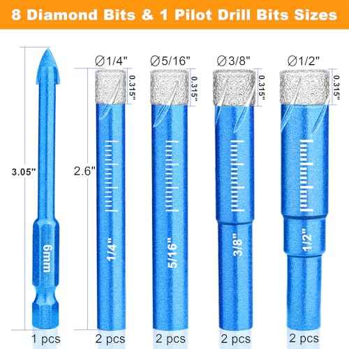 9 Piece Dry Diamond Drill Bits Set, Tile Drill Bits for Glass, Granite, Ceramic, Tile, Quartz Stone, Sizes 1/4" 5/16" 3/8" 1/2", Built-in Solid Cooling Wax, Fast Dry Drilling, Round Shank