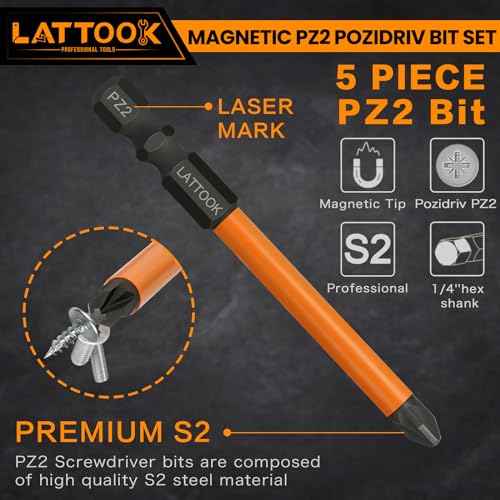 Pozidriv Bit Set, LATTOOK 5-Piece PZ2 Pozi Bit Set, Magnetic S2 Steel Pozidriv Screwdriver, 3'' Long