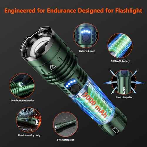 SKYFIRE LED Flashlights High Lumens with Ignition Lens, Rechargeable Zoomable Flash Light, 5 Modes Waterproof IPX6 Handheld Powerful Tactical Flashlight for Emergency Camping Essentials Home