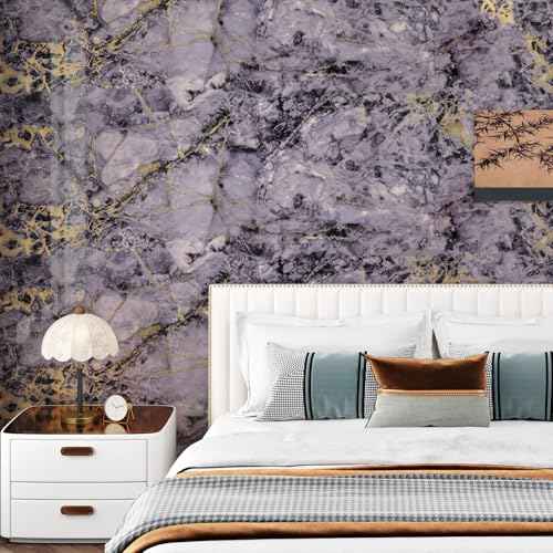 Wallercity Glossy Purple Gold Marble Contact Paper for Table Tops Waterproof Shiny Cracked Marble Wallpaper Peel and Stick Vinyl Purple Granite Wall Paper for Cabinets Counter Top Covers 15.8"x78.7"