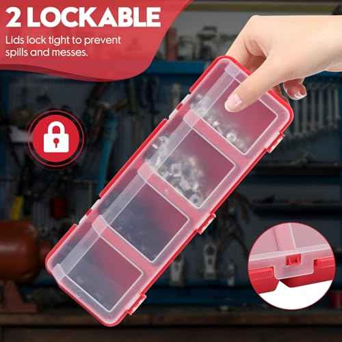 4 Pack Screw Organizer Box with Lids, 4 Compartments Tool Bin Stackable Sorting Screw Toolbox for Garage Nails Hardware Workbench Organizing Storage, Red & Black