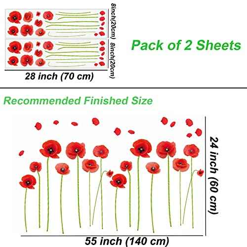 Maydahui 2 Sheets Red Poppy Flower Wall Decals Beautiful Floral Wall Stickers(24x55 Inch) Peel Stick Removable Art Mural Decor for Bedroom Living Room TV Sofa Background