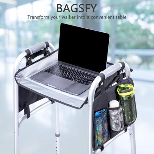 BAGSFY Walker Tray w/Side Pocket for Folding Walkers – Walker Accessory for Seniors with Cup Holder, Non-Slip Mat, and Easy Installation – Universal Fit Walker Table for Meals, Drinks, Reading