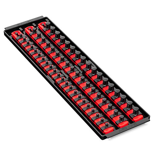 Ernst Manufacturing 18-Inch Socket Boss - Premium 3-Rail Multi-Drive (1/4", 3/8", 1/2") Socket Organizers w Twist Lock Clips, Socket Set Holder for 57 Tools - SAE & Metric - Red (8450) - Made in USA