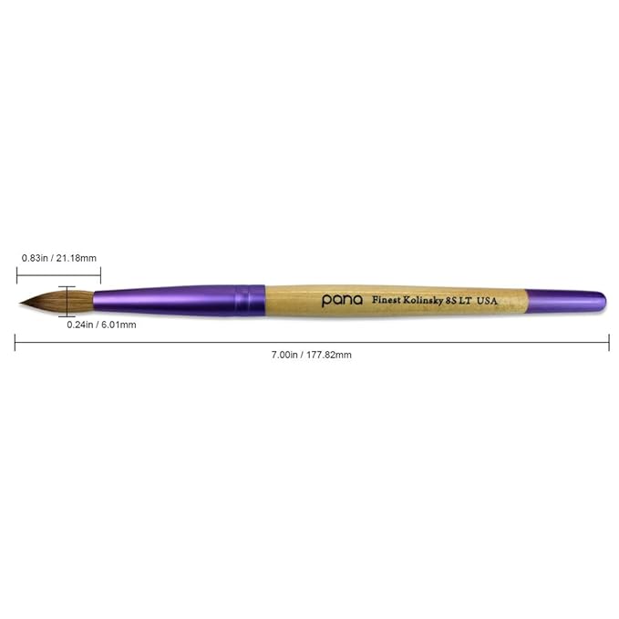 PANA Pure Kolinsky Hair Acrylic Nail Brush - Round Shape Purple Ferrule with Beige Wood Handle (Size 8)