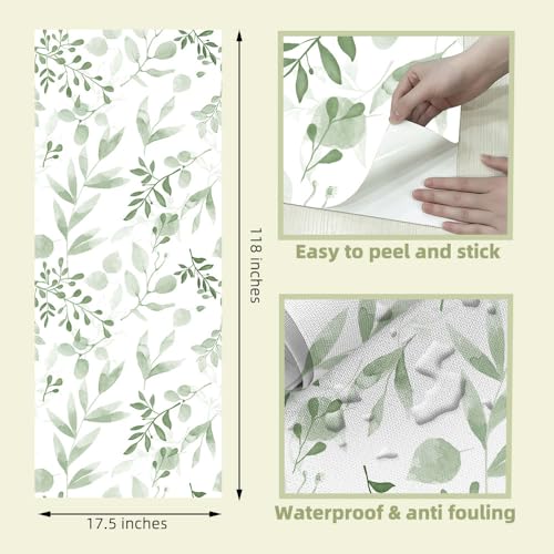 Green Leaf Wallpaper,Vinyl Green and White Floral Peel and Stick Wallpaper Thicken Farhouse Neutral Wall Paper for Table Shelf Drawer Counter Top Cabinet Liner 17.7 x 118.1 inches