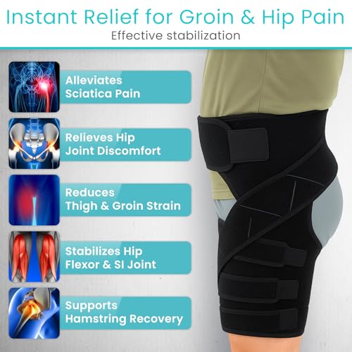 Vive Hip Brace for Sciatica Pain Relief - Groin Support Wrap for Sciatic Nerve Pain, Hip Flexor Strain, Thigh & Harmstring Pull, Arthritis - Adjustable & Comfortable Stabilizer for Muscle Recovery (Left)