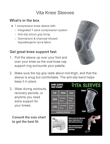 Vita Sleeves For Knees 7-Zone Compression Sleeve Brace | Breathable Lightweight Support for Sore or Stiff Knees in Running, Sports, Workouts | Anti-Slip Grip, Moisture-Wicking (S/M-L/XL) (Small/Medium)