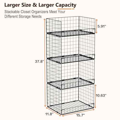 4 Tier Stackable Closet Organizers and Storage Shelves, Foldable Closet Shelf Organizer System, Stackable Storage Bins Drawers for Clothes Organizer System, Black(Patent Pending)