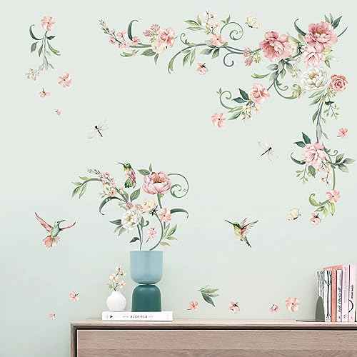 decalmile Peony Flower Wall Decals Pink Blossom Birds Wall Stickers Living Room Bedroom Girls Bedroom Wall Decor