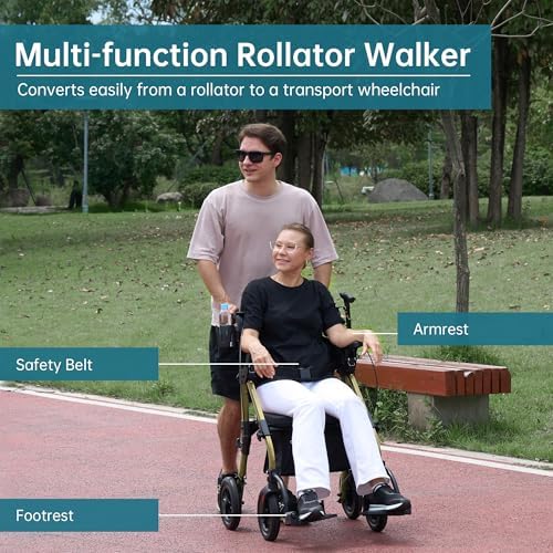 ELENKER All Terrain Rollator Walker Transport Wheelchair Combo, 2 in 1 Rolling Walker with Padded Seat and Wide Backrest, Champagne