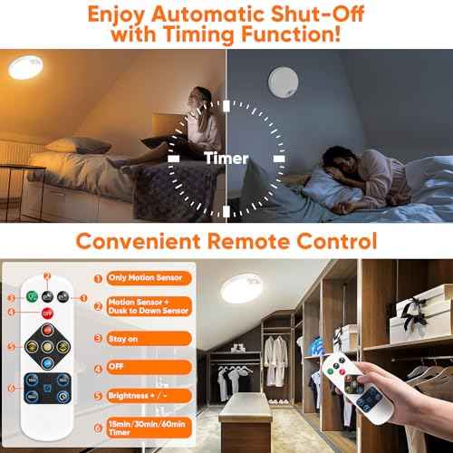 2 Pack 10000mAh Rechargeable Motion Sensor Ceiling Light with Remote, Battery Operated Closet Light No Wiring, Magnetic Wireless LED Ceiling Lights, 3 Color Overhead Lamp for Shower Pantry Hallway