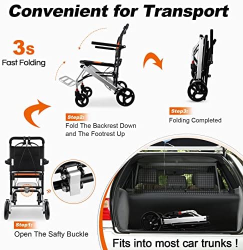 Only 16lbs World's Lightest Transport Wheelchairs, Travel Wheelchairs for Adults Support 220lbs, Aluminum Wheelchair, Lightweight Transport Wheelchair with Storage Bag
