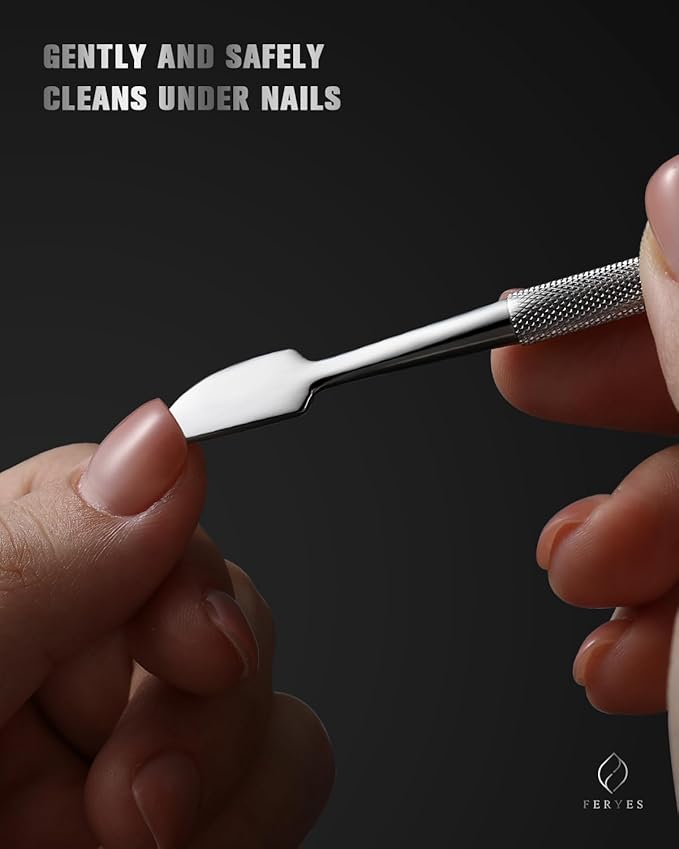 FERYES Professional Cuticle Pushers - Dual-Ended Stainless Steel Manicure and Pedicure Tools, Ergonomic Design Cuticle Stick and Undernail Clean Tool