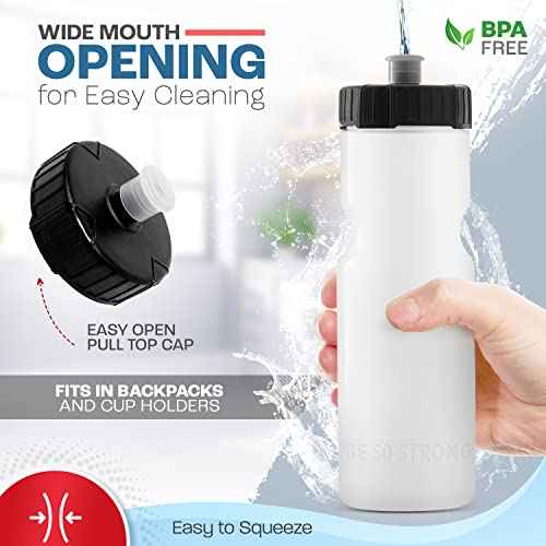 50 Strong Sports Water Bottles ? Reusable 22 oz BPA-Free Plastic Bottles with Pull Top Cap ? Made in USA ? Top Rack Dishwasher Safe ? Fits Most Bike Cages Brand